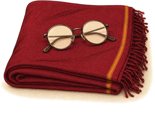 Round reading spectacles resting on a folded maroon shawl