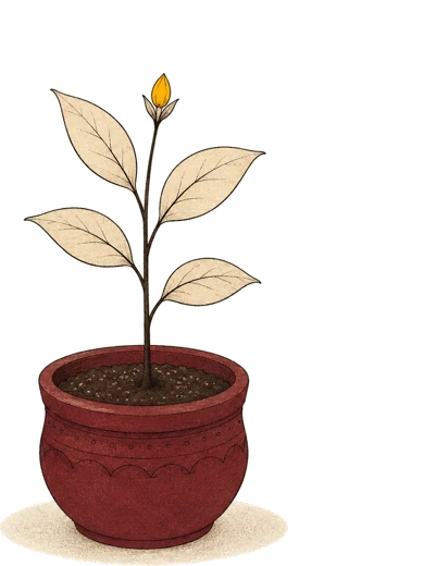 A young sapling with a marigold bud, growing in a maroon pot